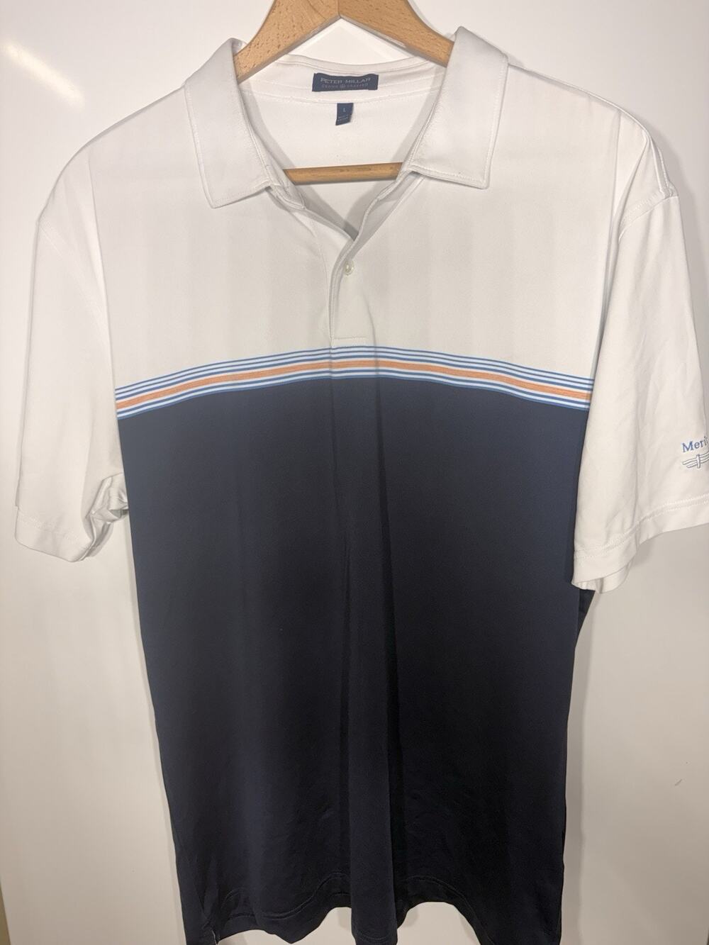 Men's PETER MILLAR Crown Crafted Polo L WHITE & BLUE Striped w/PM Crown
